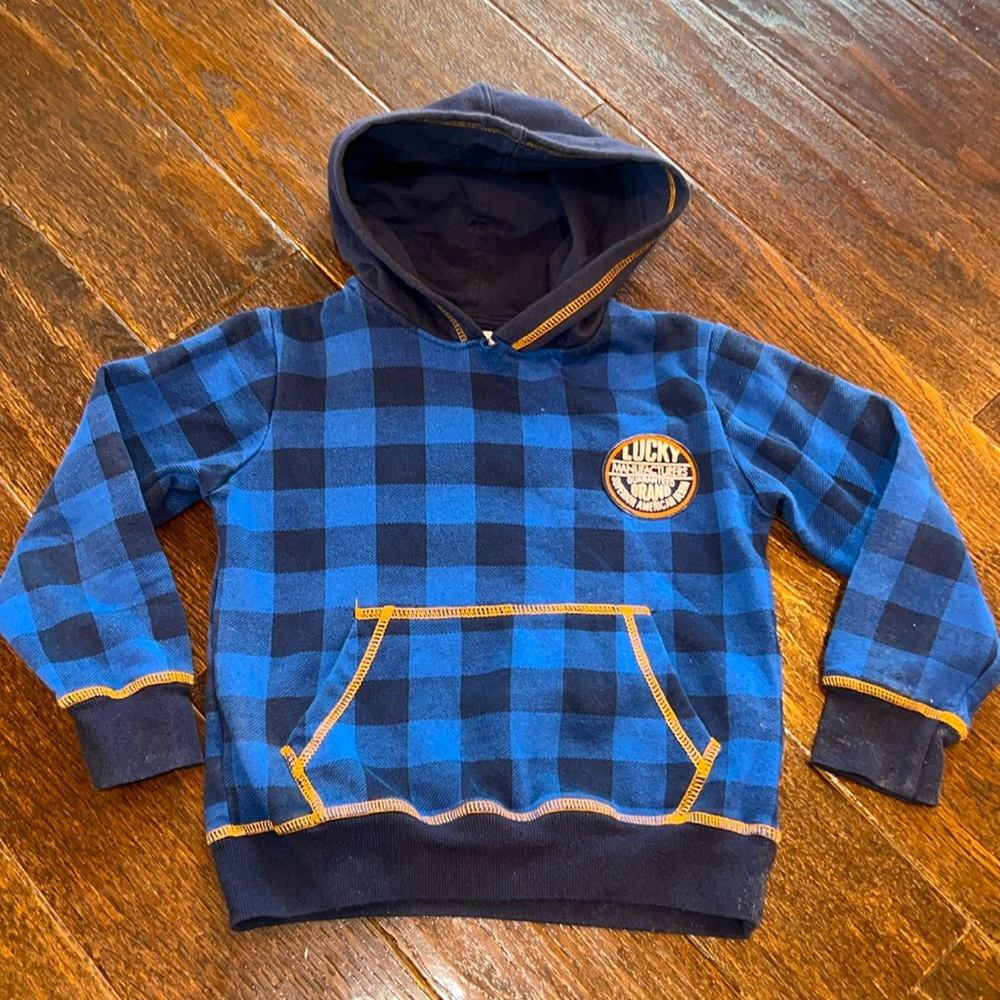 Lucky Brand Buffalo Check Hoodie Sweatshirt Blue, Navy & Gold 5 VGUC
